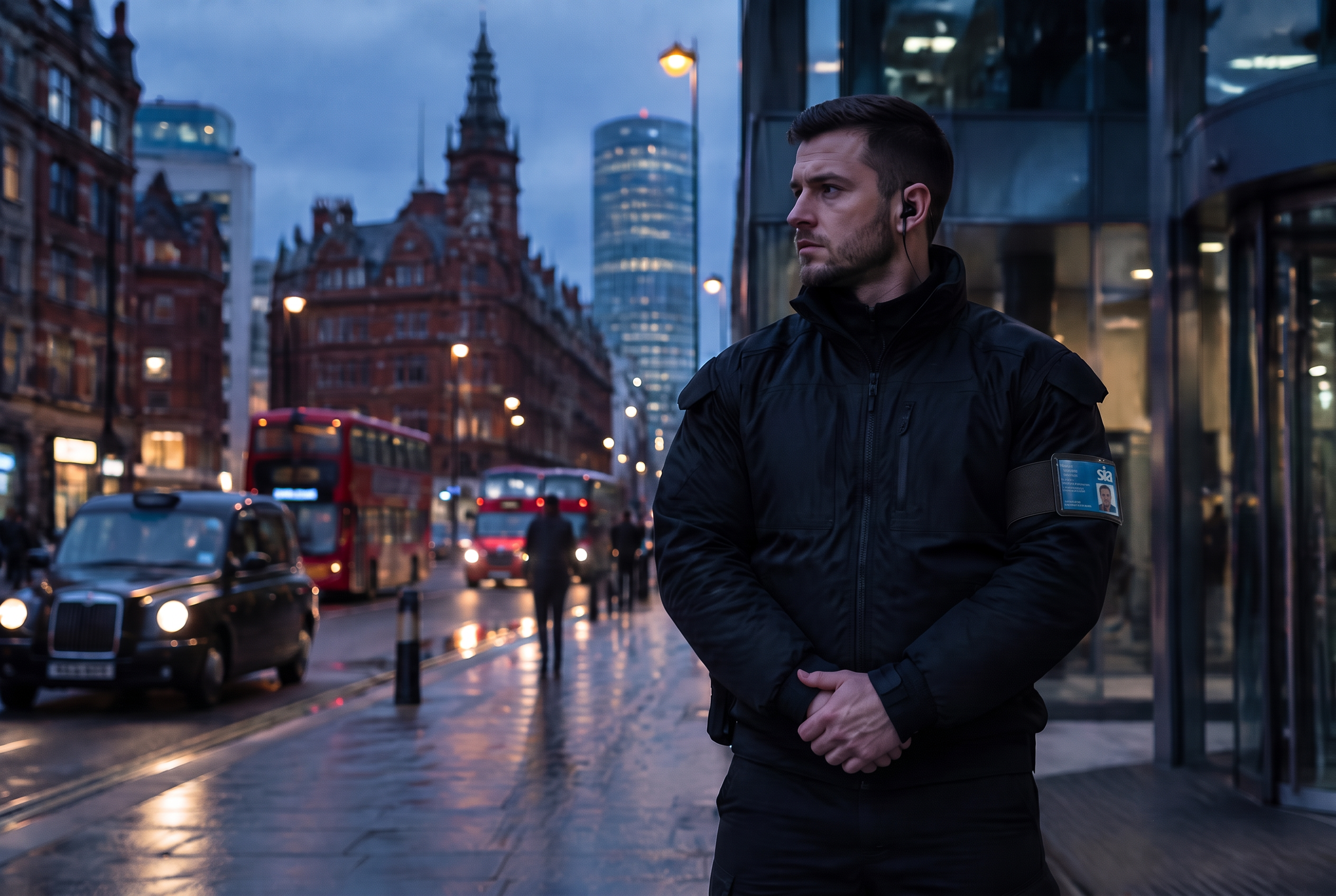 Security officer standing outside a modern venue at dusk