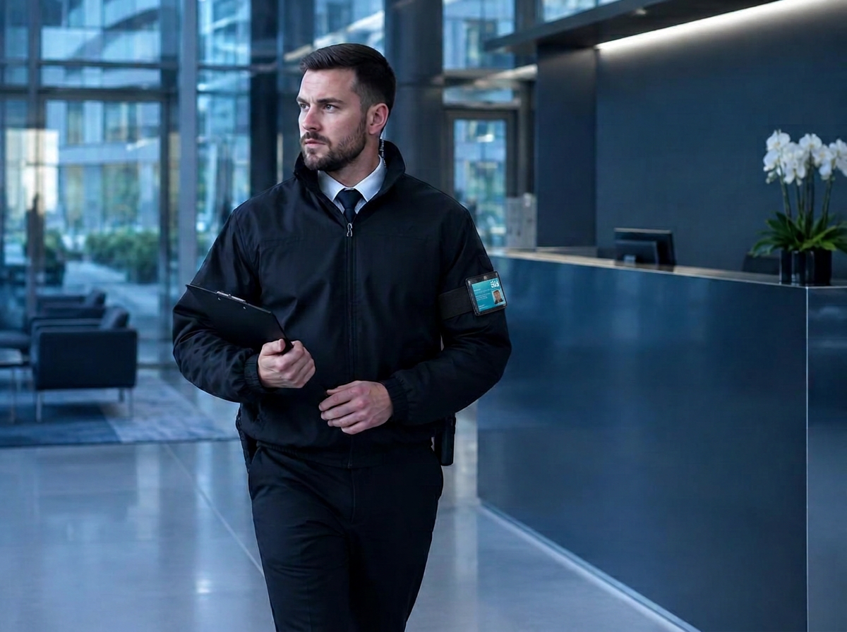 Security officer with a clipboard beside office entry gates