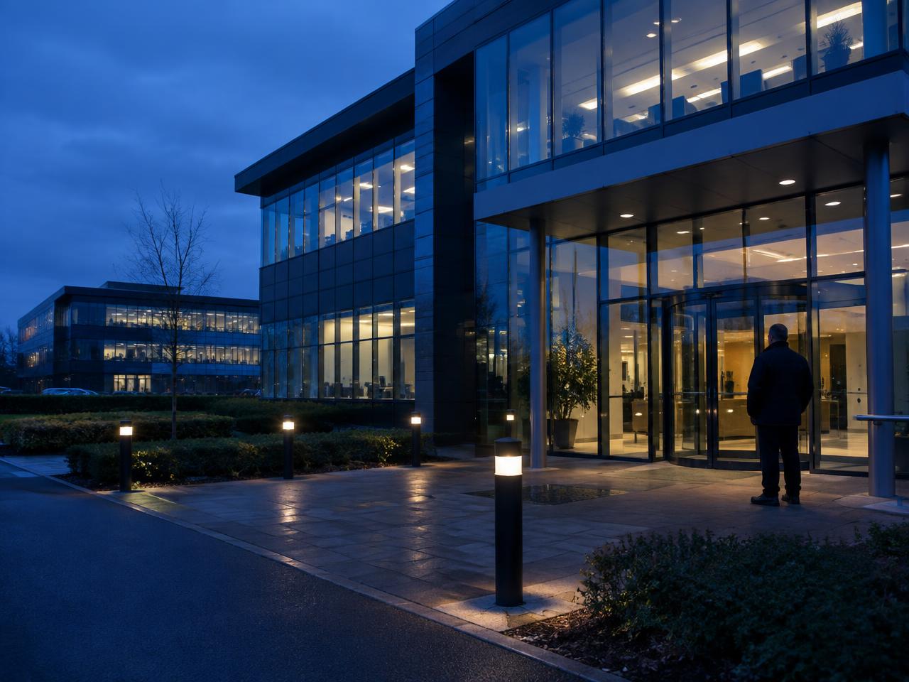 Entrance of a modern commercial building at dusk